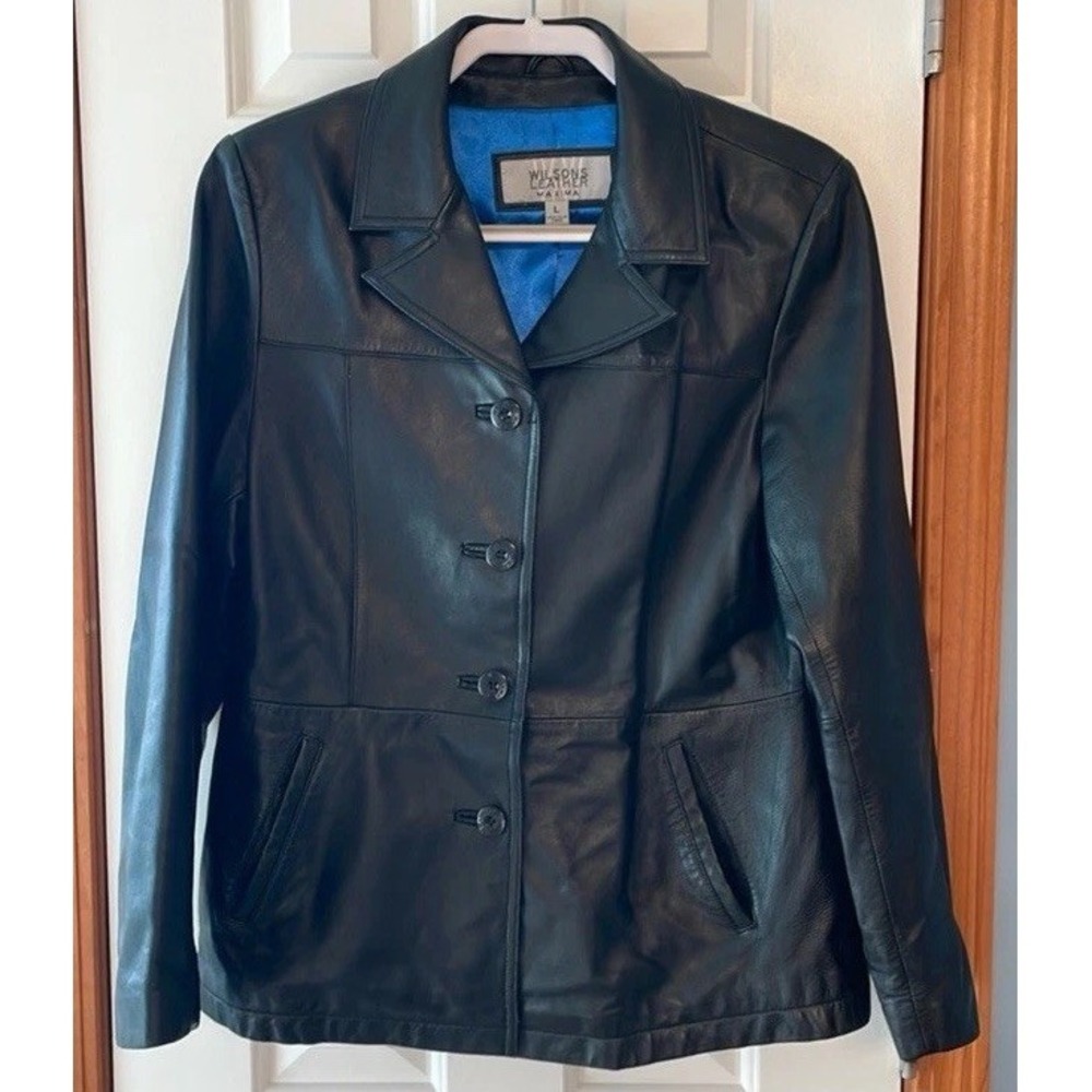 Large Woman's 1990'S VNTG Wilsons Maxima black Leather Button Jacket Blue Lining